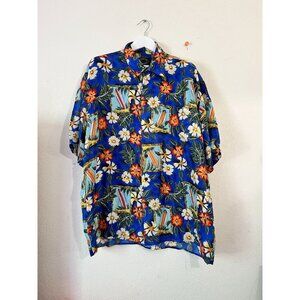 Hawaiian Company Men Blue Floral & Surfboard Print Silk Button-Up Camp Shirt XXL